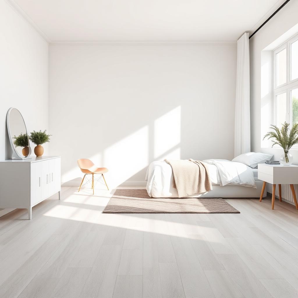 Wit gewassen laminaatvloer in minimalistische slaapkamer