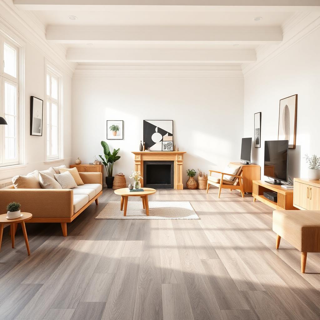 Warm grijze PVC vloer in Scandinavisch interieur