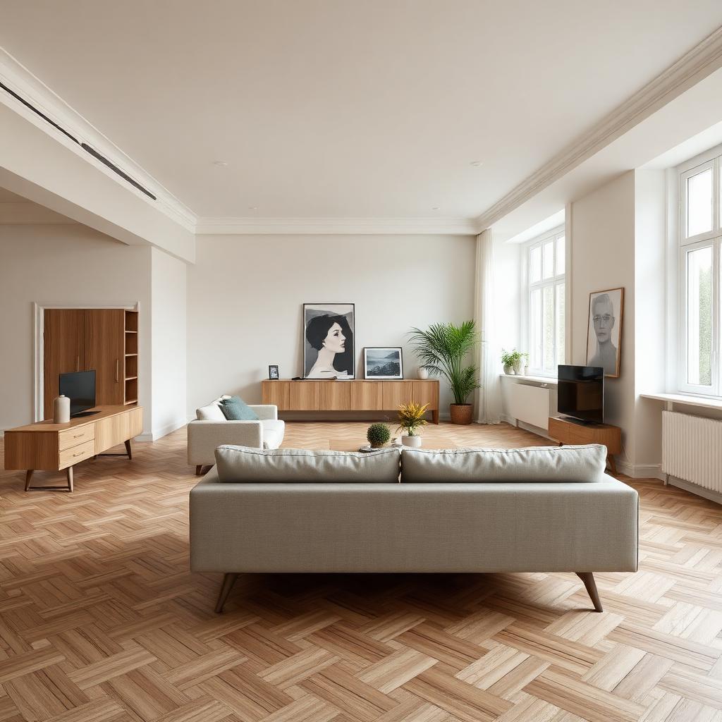 Lichte visgraat laminaatvloer in Scandinavisch interieur