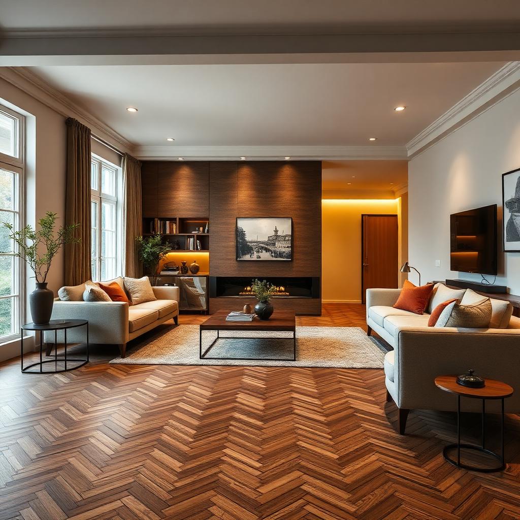 Donkere visgraat PVC vloer in luxe woonkamer